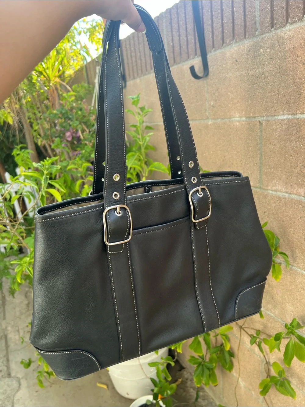 Coach Black Leather Shoulder Tote with Silver Buckles